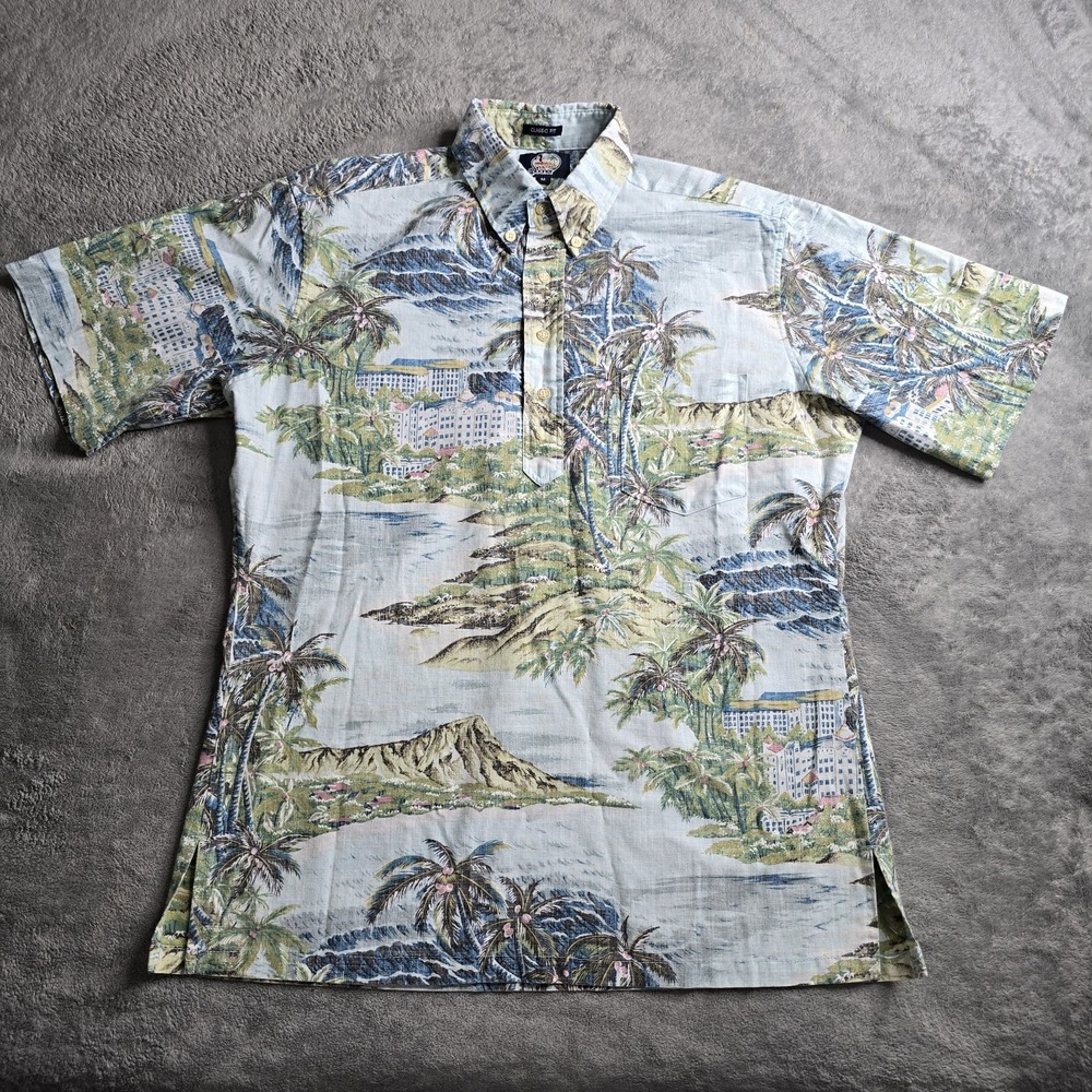 Reyn Spooner Shirt Mens Medium Blue Popover Hawaiian Resort Aloha Diamond Head